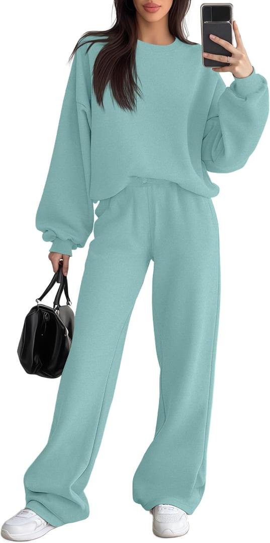 Women's 2 Piece Outfits Set Fleece Lined Lounge Sweatsuit Crewneck Pullover Top Wide Leg Pants Casual Tracksuit (Medium, Gray Green)