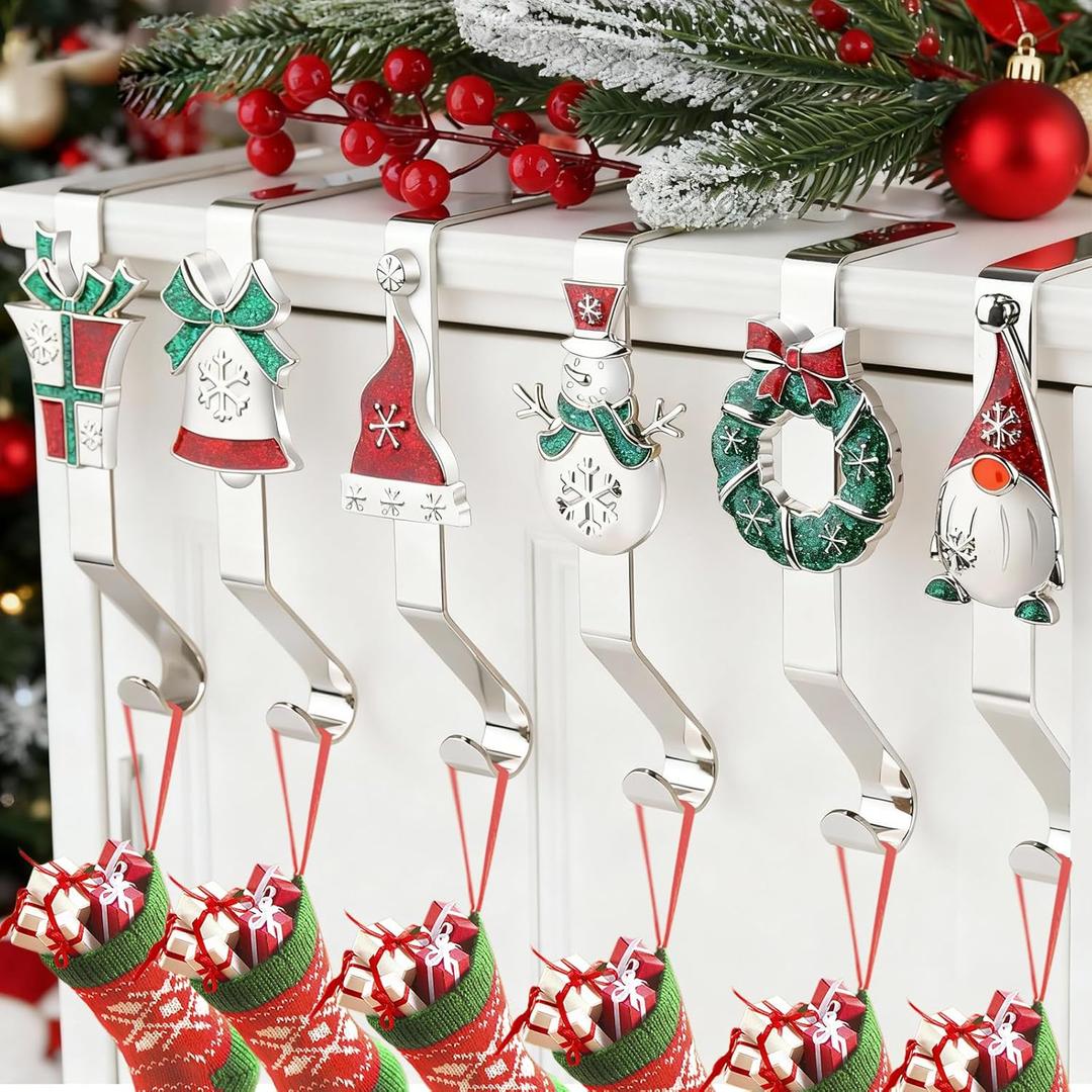 EBANKU 6Pcs Christmas Stocking Holders, Christmas Pattern Design Stocking Hangers Silver Non-Slip Stocking Holders for Mantle Xmas Stocking Hangers for Fireplace Shelf Table Mantel