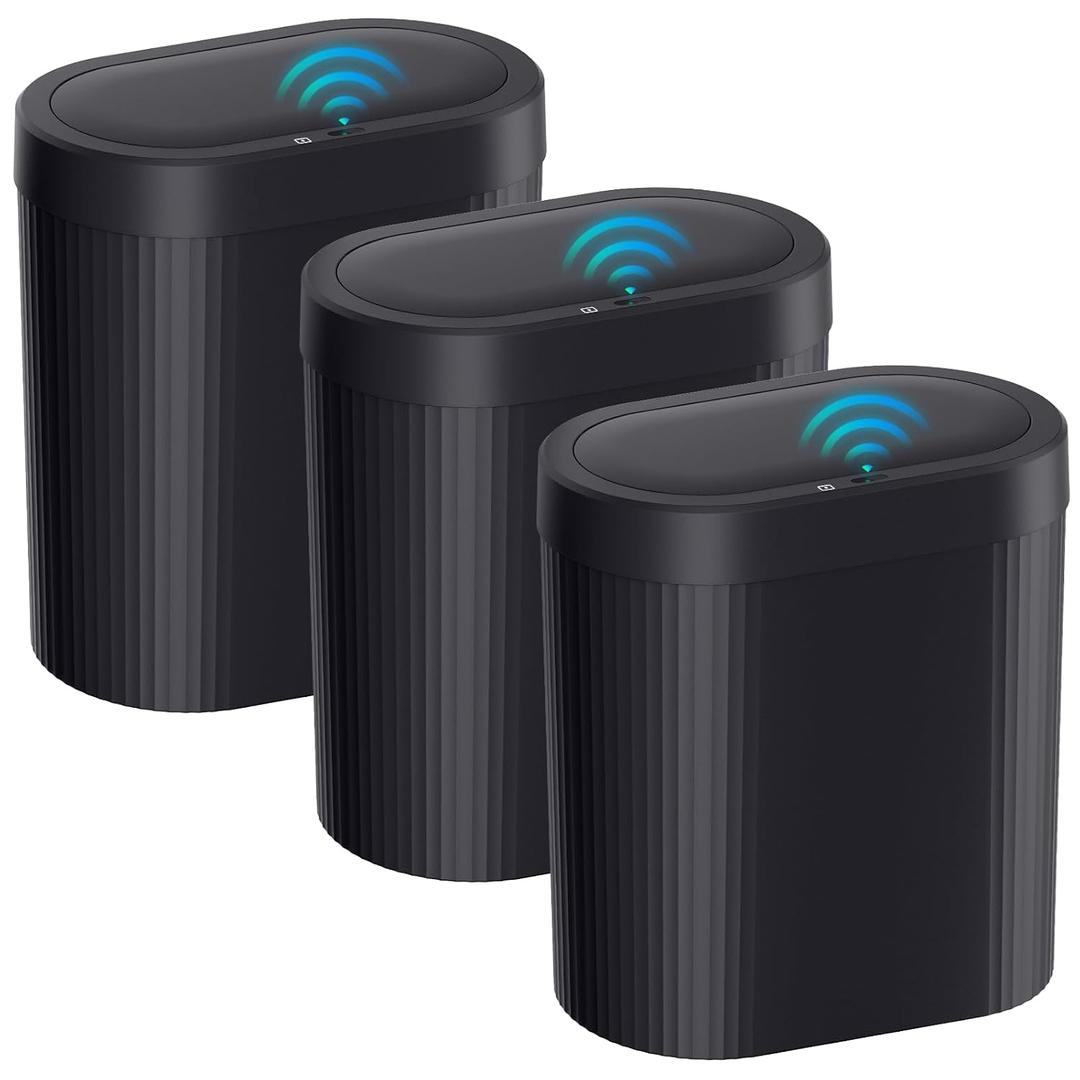 jinligogo 3 Pack 5 Gallon Bathroom Trash Can with Lid, Automatic Motion Sensor Black Trash Can, Touchless Slim Waterproof Garbage Bin for Kitchen, Bedroom, Office, and Bathroom
