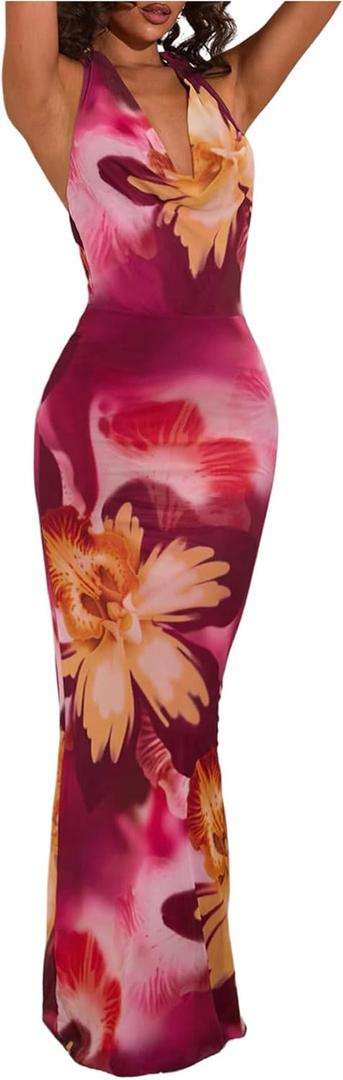 Milumia Women's Mesh Floral Open Back Deep V Neck Halter Maxi Long Dress (Large, Pink and Yellow)