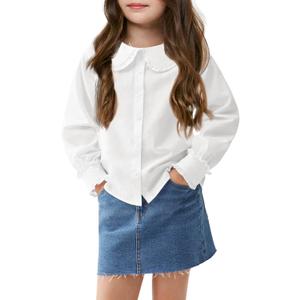 Haloumoning Girls Baby Doll Collar Shirt Classic Long Sleeve Button Down Uniform Shirts Soft Blouse Tops (9-10 Years, White)