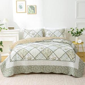 Patchwork Quilt Set Queen Size, 3 Pieces Floral Plaid Bedspreads Coverlet, Soft Microfiber Lightweight Bedding Set for All Season,Gray Green