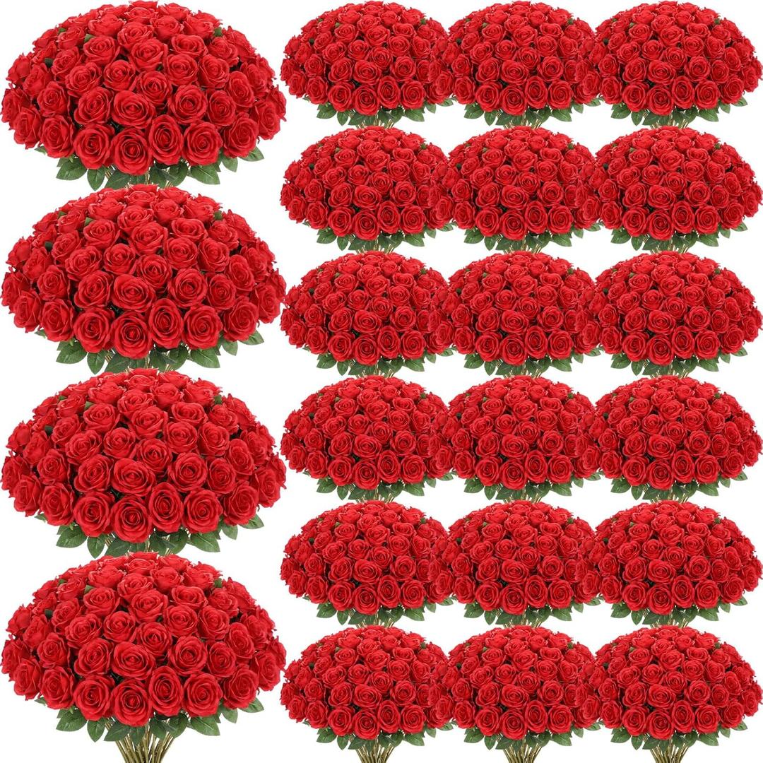 Zeyune 1000 Pcs Red Roses Artificial Flowers Bulk - Silk Fake Roses with Long Stem Faux Flower Real Looking Bouquet for Wedding DIY Bouquets Bridal Shower Mall Event Setups Party Arrangements