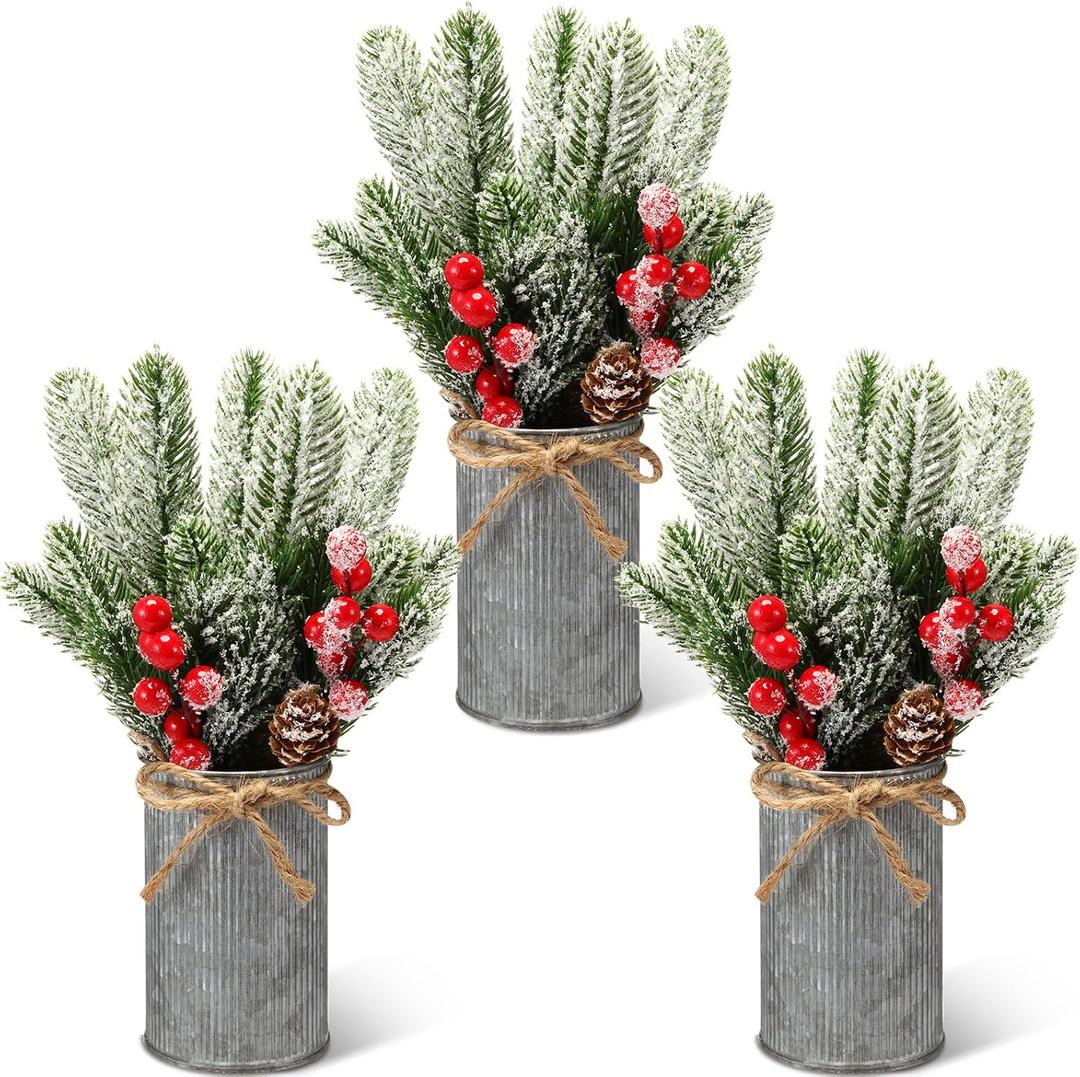 Tioncy 3 Sets Christmas Centerpiece Table Decorations Xmas Floral Arrangement Farmhouse Galvanized Pots with Pine Cone Red Holly Berry Picks Sprays for Dining Table Kitchen Indoor Home(Tin Color)