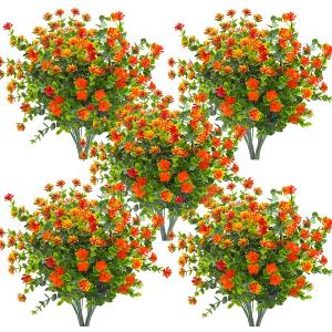 10 Bundles Artificial Fake Flowers, Faux Outdoor Plastic Plants UV Resistant Shrubs Outside Indoor Decorations (Orange-Eucalyptus)