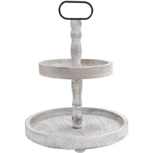 Farmhouse 2 Tiered Tray Stand for Home Decor, Wooden Serving Tiered Tray for Coffee Bar Table Centerpiece, Decorative Trays Kit for Countryside, Round Rustic Stand for Cake Cupcake(White)