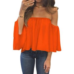 Bluetime Women Summer Off Shoulder Chiffon Blouse Ruffles Short Sleeves Tops Casual T Shirt (Orange, L)