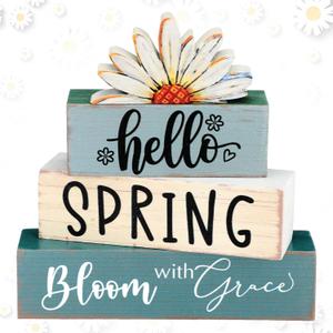Amyhill Hello Spring Decoration Easter Home Decoration Daisy Table Wooden Sign Spring Easter Centerpiece Pastel Wooden Block for Farmhouse Shelf Office Tabletop Decor