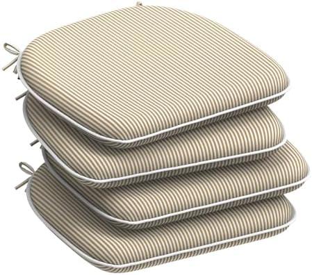 Set of 4 Outdoor Chair Cushions with Ties, Water Repellent Patio Chair Pads 17"x 16" for Outdoor Furniture, Round Corner Seat Cushions for Garden Yard Kitchen, Stripe Beige