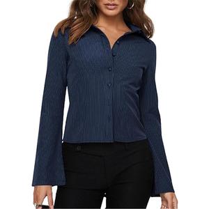 Women Button Down Shirts Long Sleeves Slim Fitted Casual Collared Blouses Work Striped Tops M