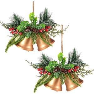 Tioncy Christmas Bell Hanging Ornaments 8.7" Large Rustic Metal Bell Decoration Xmas Hanging Decorative Bell with Red Berry for Christmas Wreath Tree Door Decor(Vintage Gold,2 Pcs)