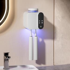 Electric Toothbrush Holders with Smart Drying and Cleaning,Toothbrush Holders for Bathrooms with Solar Charging,Toothbrush Holder Wall Mounted with 1 Cups and 2 Brush Slots (White)