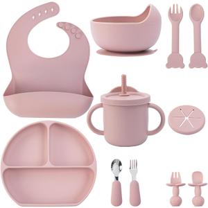 Baby Feeding Set, 13PCS Silicone Baby Self Feeding Set, Toddler Led Weaning Utensils Set with Suction Bowl and Plate, 3 Set of Baby Spoon and Fork, Adjustable Bid, Sippy Cup with Straw and 2 Lids