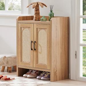 Mericonia Shoe Cabinet Storage for Entryway, Natural Rattan Shoe Storage Cabinet, Wooden Shoe Rack Cabinet, Farmhouse Boho Wood Shoe Organizer Cabinet for Hallway