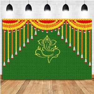 Qian Indian Carnival Photography Backdrop 7x5ft Green Chatiya Ganesh Background Mehndi Diwali Festival Marigold Puja Ganpati Wedding Photo Tapestry Booth Props Supplies