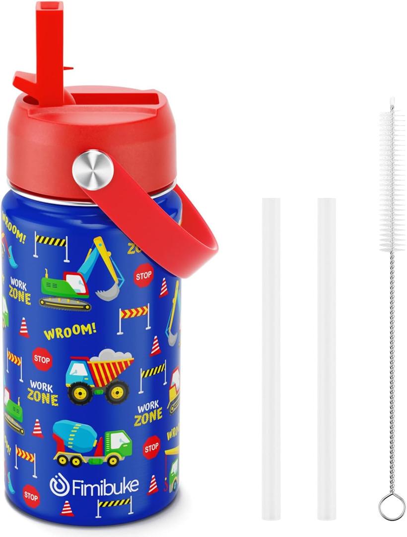 Fimibuke Kids Insulated Water Bottle, 14oz BPA FREE 18/8 Stainless Steel Travel Tumbler Double Wall Vacuum Leak Proof Kids Cups with Straw Metal Water Bottles for School Boys Girls (1 Pack, Trucks) (A5. Construction Trucks)