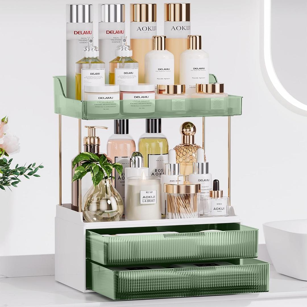 Bathroom Counter Organizer, 2-Tier 2-Drawer Makeup Organizer Countertop, Easy to Install, Ideal for Bathroom Storage, Vanity, Perfume, Large Skincare, Present, and More, DarkGreen Bathroom Counter Organizer, 2-Tier 2-Drawer Makeup Organizer Countertop, Easy to Install, Ideal for Bathroom Storage, Vanity, Perfume, Large Skincare, Present, and More, DarkGreen