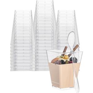 50 Pack 5oz Mini Dessert Cups with Soopns, Clear Square Dessert Bowls Small Plastic Yogurt Parfait Cups Appetizer Cup for Wedding Party