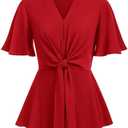 GRACE KARIN 2024 Women's Elegant V Neck Peplum Tops Tie Front Short Bell Sleeve Shirts Tops Blouse, M