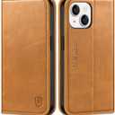 SHIELDON Case for iPhone 15 5G 2023, Genuine Leather Wallet Flip Kickstand RFID Blocking Card Holder Magnetic Shockproof Protective Phone Case Compatible with iPhone 15 6.1" - Brown