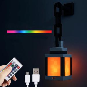 Pixelated Lantern Night Light -16-Color Led Wall Mood Night Light W Touch Switch&Remote Control-Rechargeable Night Lamp Mountable Table Light, Costume Cosplay Nightstand Lamp for Room Decor for Boys (One Size, Gray (with chain and bracket))