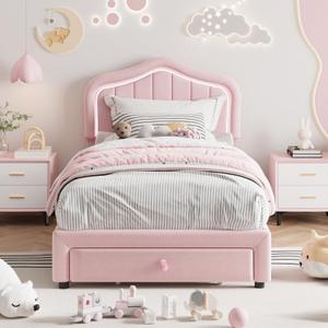 Twin Upholstered Bed Frame with Storage Drawer and Smart Led Headboard, Twin Size Platform Bed Frames for Kids, Wooden Slats Support, No Box Spring Needed, Easy Assembly, All Pink