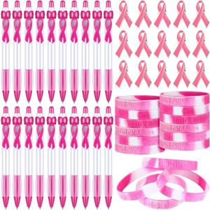 Teling 60 Pcs Breast Cancer Awareness Gift Bulk Pink Ribbon Lapel Pins Bracelets Pink Ribbon Retractable Ball Point Pens for Cancer Patients Survivor Campaign Theme Charity Event Party Supplies