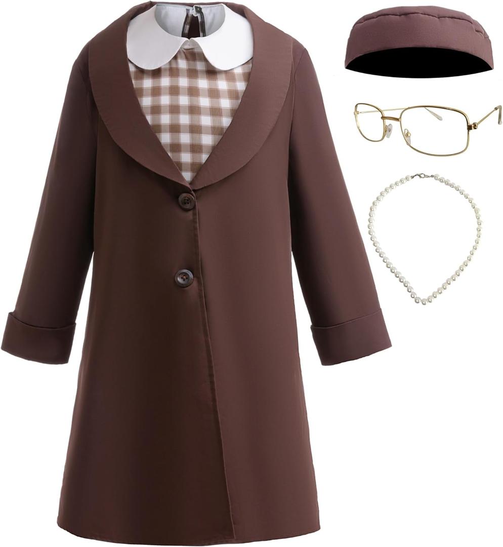 Coolproud Girls Kids American Historical Figures Costume includes coat dress glasses hat and necklace (5-6 Years, Brown)