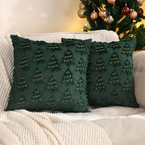 Tosleo Christmas Throw Pillow Covers 18x18 Set of 2 Dark Green Christmas Decoration Xmas Trees with Lights Pillow Covers Soft Plush Faux Wool Jacquard Pillowcases Holiday Festivals Winter Home Decor