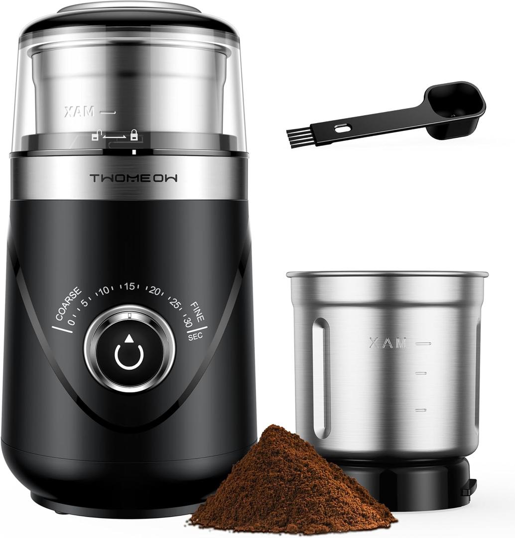 Electric Coffee Grinder with Timing Knob, Electric Quiet Grinder, High-Speed Bean and Spice Grinder with Removable Stainless Steel Bowl, Black