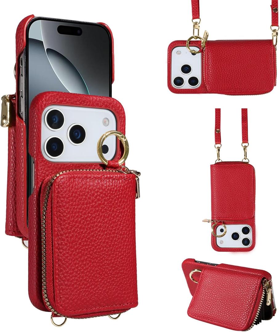 Wallet Case for iPhone 17 Pro Max 6.9 inch with Shoulder Strap Ring Buckle, Zipper Flip Organ Purse, Card Holder Stand Cell Phone Cover for i Phone17 17Pro i17 ProMax 17ProMax Women Men Black (Red)