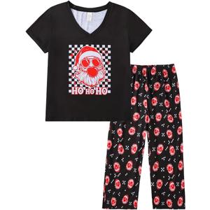 YIJIU Women's Short Sleeve Tops and Capri Pants Cute Cartoon Print Pajama Sets (S)