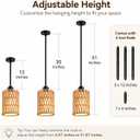 Rattan Pendant Light, 6 Inch 2-in-1 Boho Hanging Fixture with Iron Rods & Linen Shade, Adjustable Height & Sloped Ceiling Compatible for Kitchen Island Dining Room Farmhouse Bedroom, 2 Pack