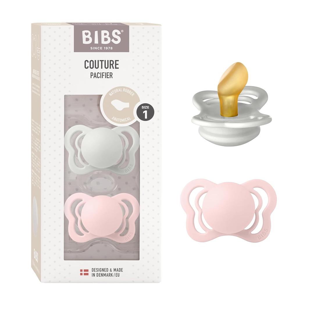 BIBS Couture Baby Pacifier 2-Pack | Made in Denmark | BPA Free Dummy Soother, Anatomical Nipple. Natural Rubber Latex, Size 1 (0-6 Months), Haze / Blossom