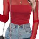SAUNGKUAI Women's Mesh Long Sleeve Bodysuit Mock Neck Ruched Sheer Thong Body Suits Fall Outfits (Red, L)