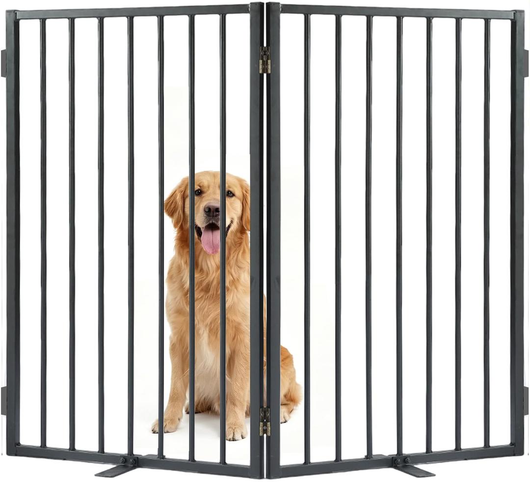 Full Metal Freestanding Dog Gate with Cat Door for Outdoor & Indoor,34" Tall Foldable Pet Fence,60" Extra Wide Free Standing Dog Gate for RV Camping,Stairs,Hallways,Doorways,Deck,Yard (3 Panels,Black)