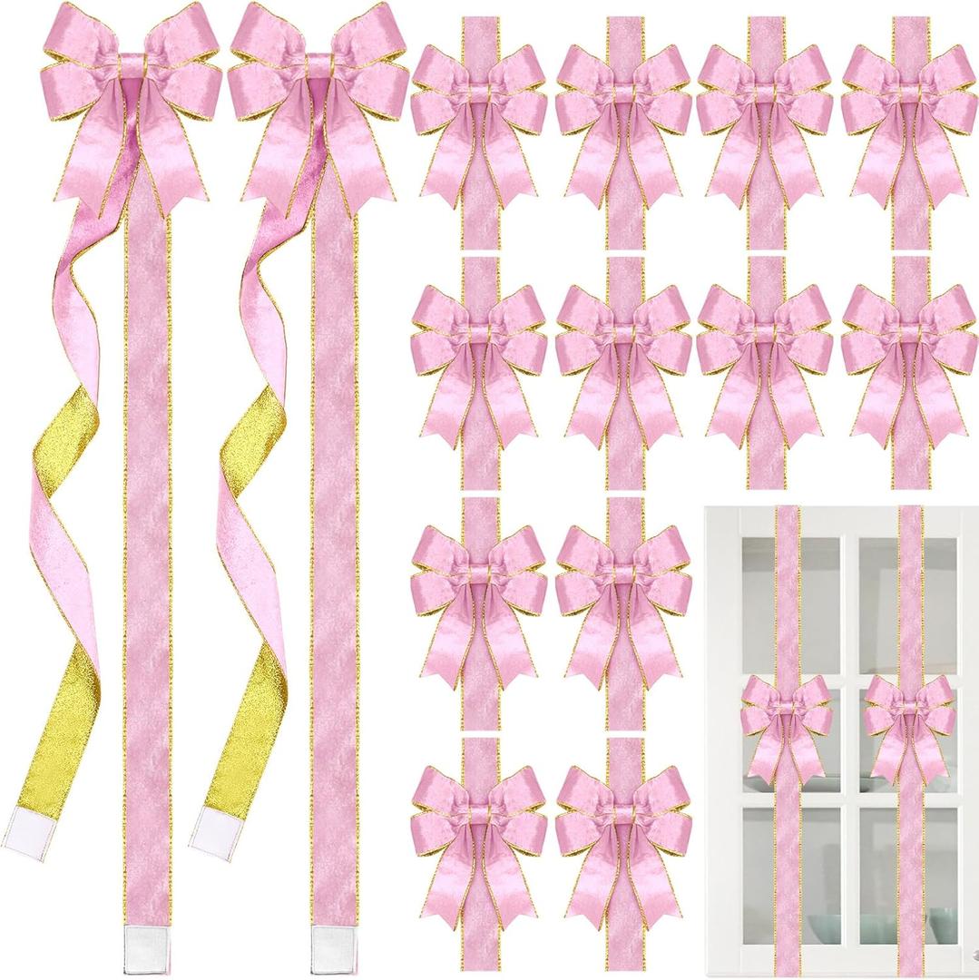 XunYee 15 Pcs Glitter Large Christmas Cabinet Ribbons Bows Thick Velvet Festive Xmas Bow Edge Burlap Door Decoration for Christmas Tree Fireplace Kitchen Gift Wrapping (Pink)