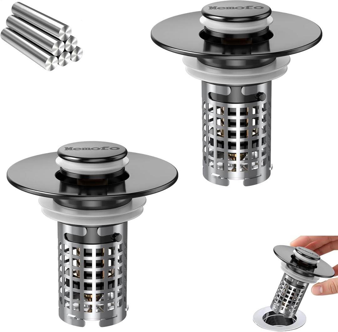 Bathroom Sink Drain Strainer, Stainless Steel Pop-up Strainer Basket Hair Catcher with Removable Basket, Brass Bullet Core, Universal Fit 1.1-2.36 Inch (Matte Black (2PCS))