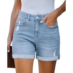 LookbookStore Jean Shorts Womens Stretchy High Waisted Ripped Denim Shorts with Pockets Trendy Distressed Cut Off Shorts (Large, Cool Blue)