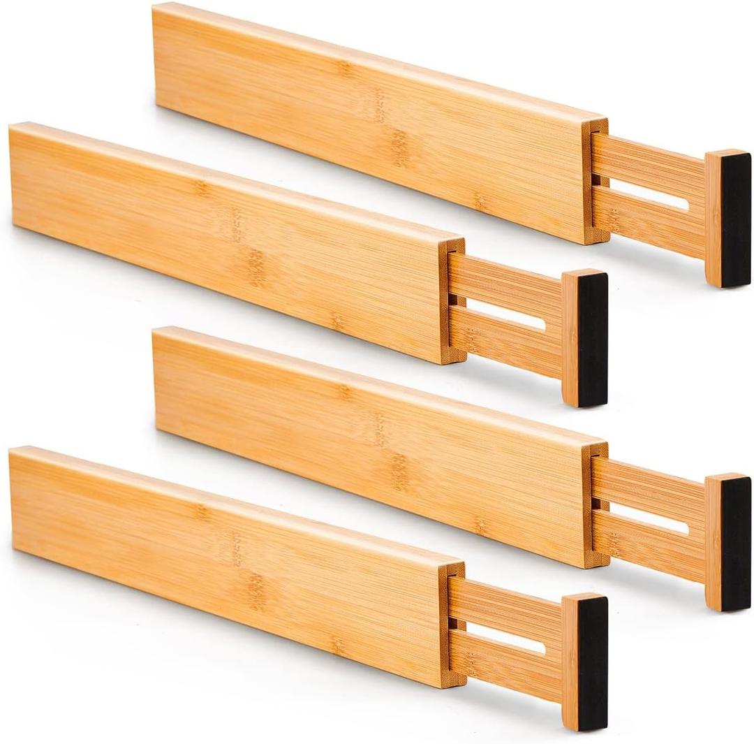 Utoplike 4 pcs Bamboo Kitchen Drawer Dividers Large, Adjustable Drawer Organizers, Spring Loaded, Expandable Organization Works in Kitchen, Dresser, Bathroom, Bedroom, Drawer, Desk (Natural)