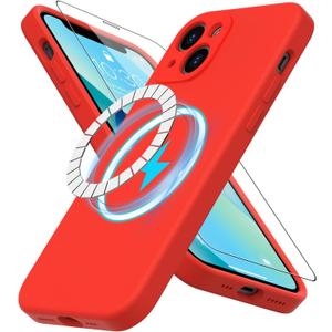 DEENAKIN for iPhone 13 Case Silicone with Screen Protector - [Compatible with MagSafe] - Camera Protection - Slim Fit Protective Magnetic Phone Cover 6.1" for Women Girls Red