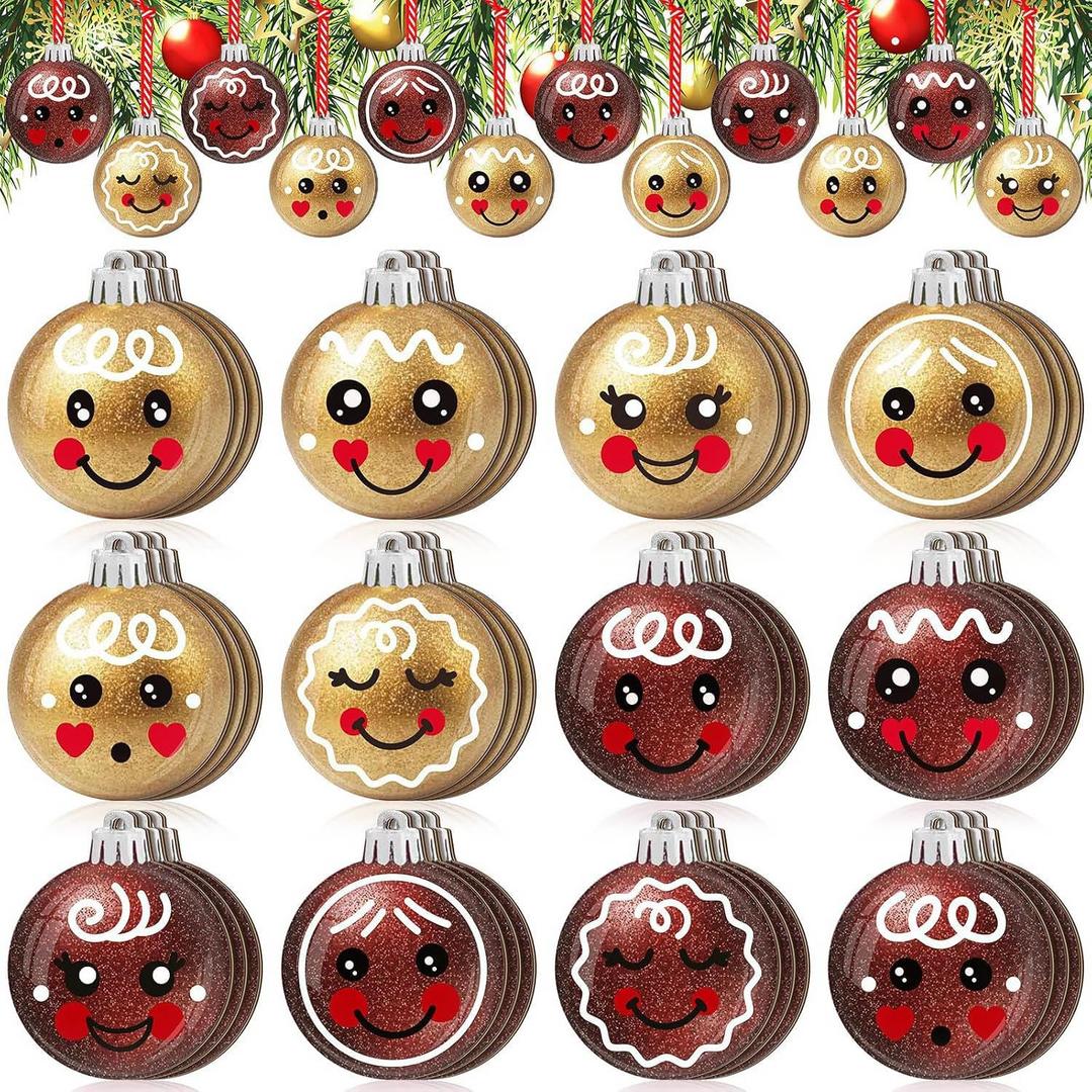 12Pcs Christmas Tree Decorations Xmas Gift Ball Double Sided Printing Hanging Ornaments with Glitter Gold Red Gingerbread Design Decorations Ball Wooden Ornaments for Winter Holiday Party