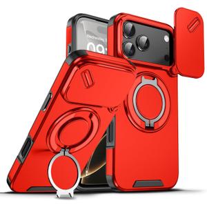 Heavy Duty Series Designed for iPhone 17 Pro Max Case,Rugged 360 Rotatable Ring with Invisible Holder Stand,Slide Camera Cover & Military Grade Drop Protection Shockproof,Red