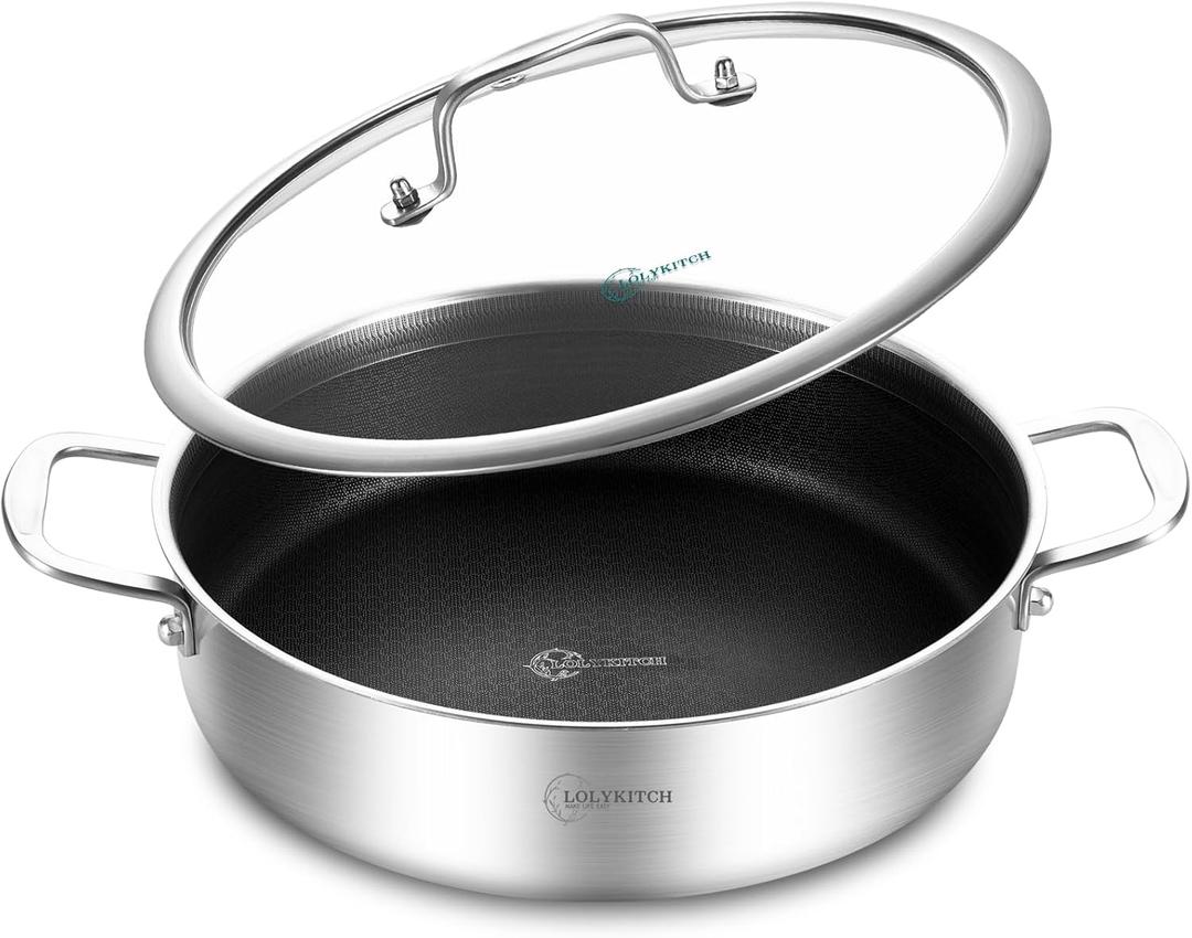 LOLYKITCH 6 QT Tri-Ply Stainless Steel Non-Stick Saut Pan with Lid,12 Inch Deep Frying Pan,Large Skillet,Jumbo Cooker,Induction Cooking Pan,Heavy Duty and Oven Safe