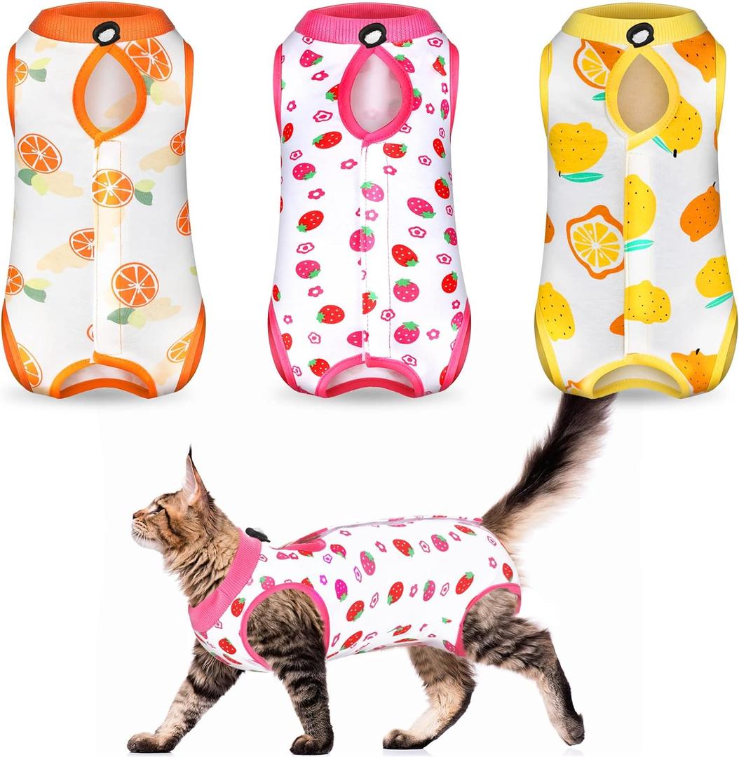 Nuanchu 3 Pieces Cat Recovery Suit Kitten Recovery Suit E-Collar Alternative for Cats and Dogs Abdominal Skin Anti Licking Pajama Clothes Sets(Fruit Pattern,Medium)