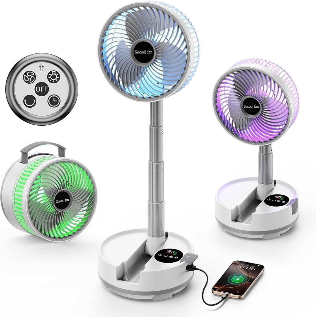 Socool 20000mAh Portable Fan Foldable Wireless Battery Rechargeable with 8-Speed & 112H, 90 Osciliating Floor Standing Fan Remote, Desk Fan with 8H Timer & LED Light for Home Kitchen Travel Camping