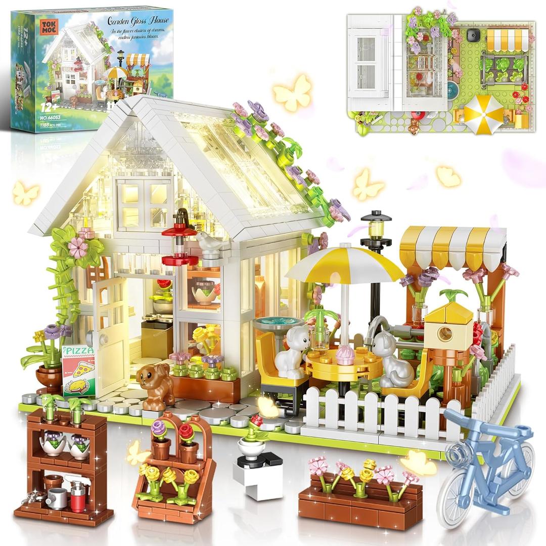 Flower House Building Block for Adults, Garden Architecture Building Toy with LED, Greenhouse Model Building Set, Garden Glass House Building Kit, Christmas & Ideal Gift for Kids 12+ (1188pcs)