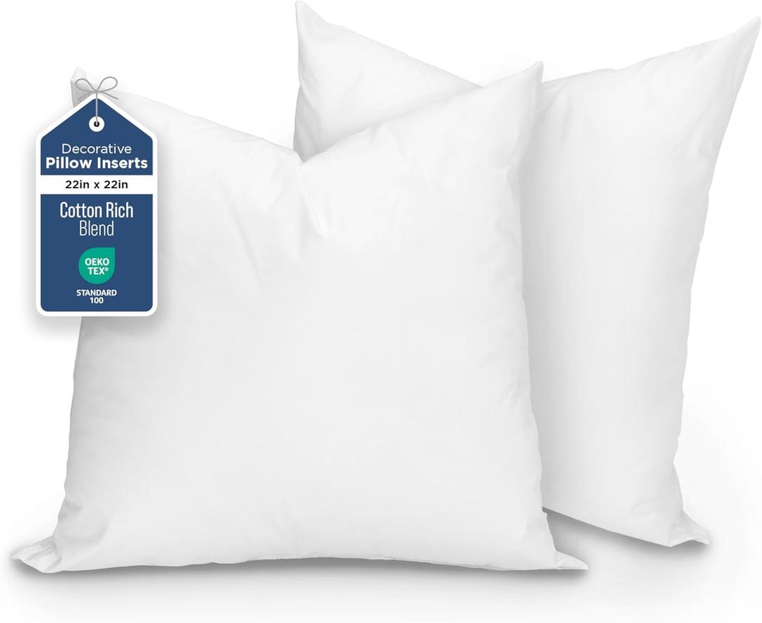 Martex Decorative Throw Pillow Inserts, White, 22" x 22", Pack of 2 | Soft, Supportive & Fluffy, Poly-Cotton Blend Cover, Plush Polyester Fill, Perfect for Sofa, Bed & Living Room