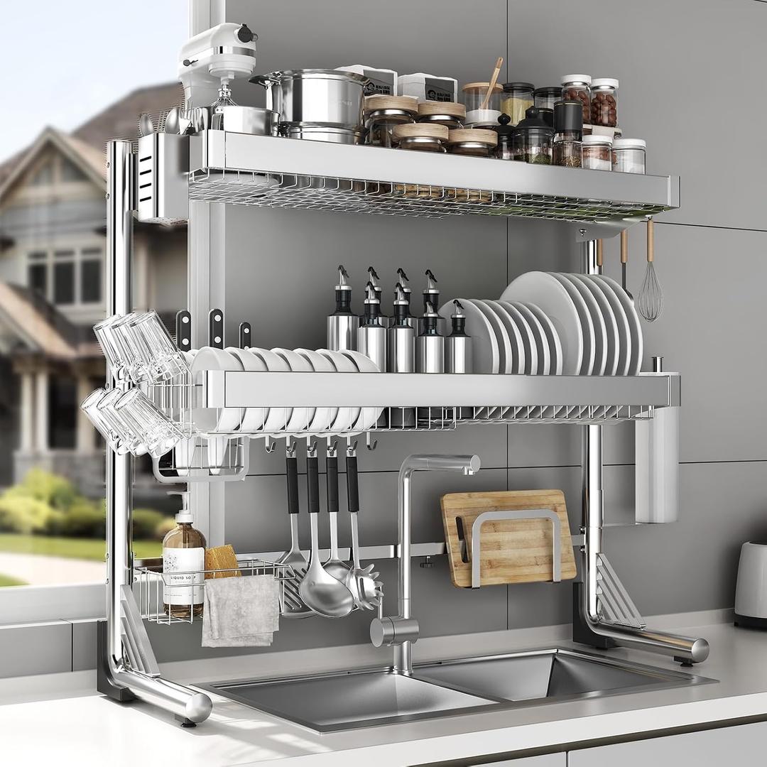 Over The Sink Dish Drainer Drying Rack 3 Tier, Full Stainless Steel Dish Drying Rack Adjustable Length 20.9''-37.4'', Kitchen Sink Shelf, Organized Space-Saving Dish Rack, 3 Tier with Flat Grid