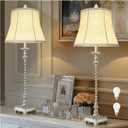 Candle Stick Buffet Table Lamp Set of 2, 33'' Vintage Nightstand Lamps with Silver Leaf Finish and White Linen Shades, 3-Way Dimmable Bulb Included, Country Style Bedside Lamps for Living Room Bedroom